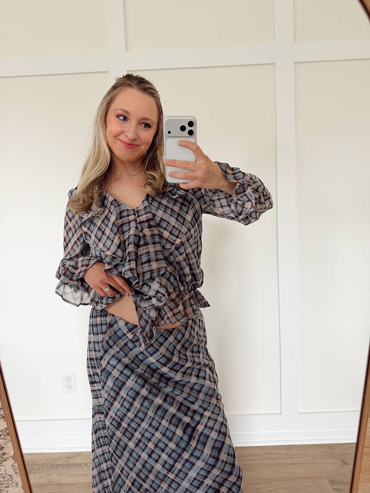 Phoenix Ruffle Plaid Midi Skirt