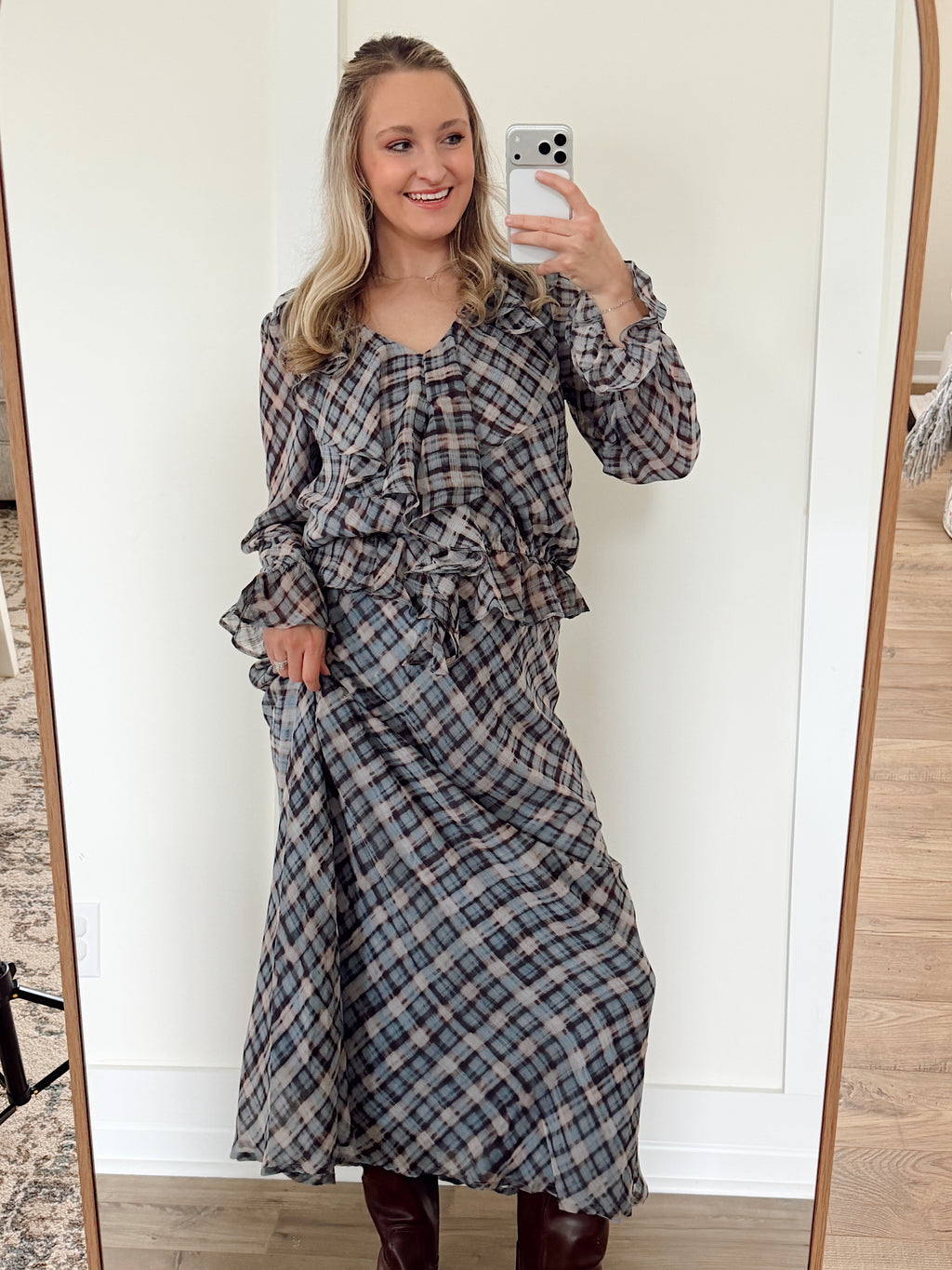 Phoenix Ruffle Plaid Midi Skirt