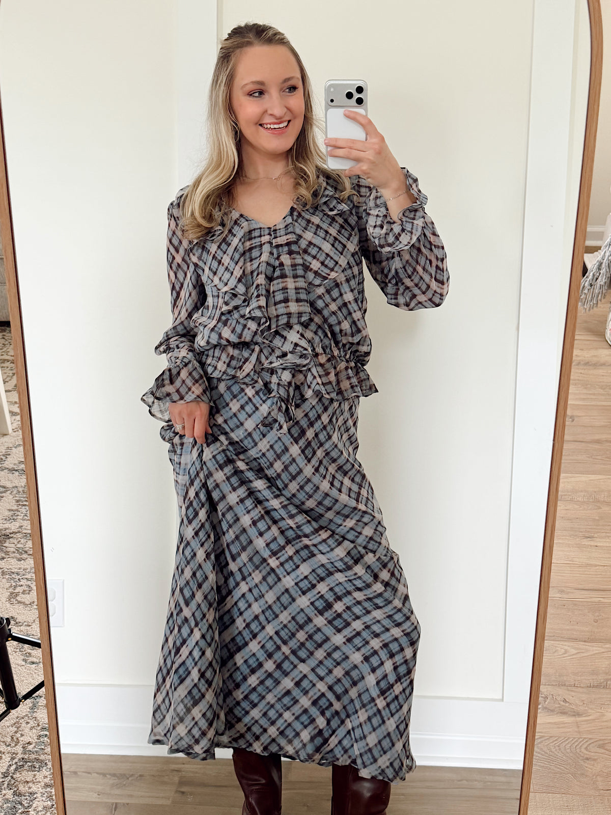 Phoenix Ruffle Plaid Midi Skirt