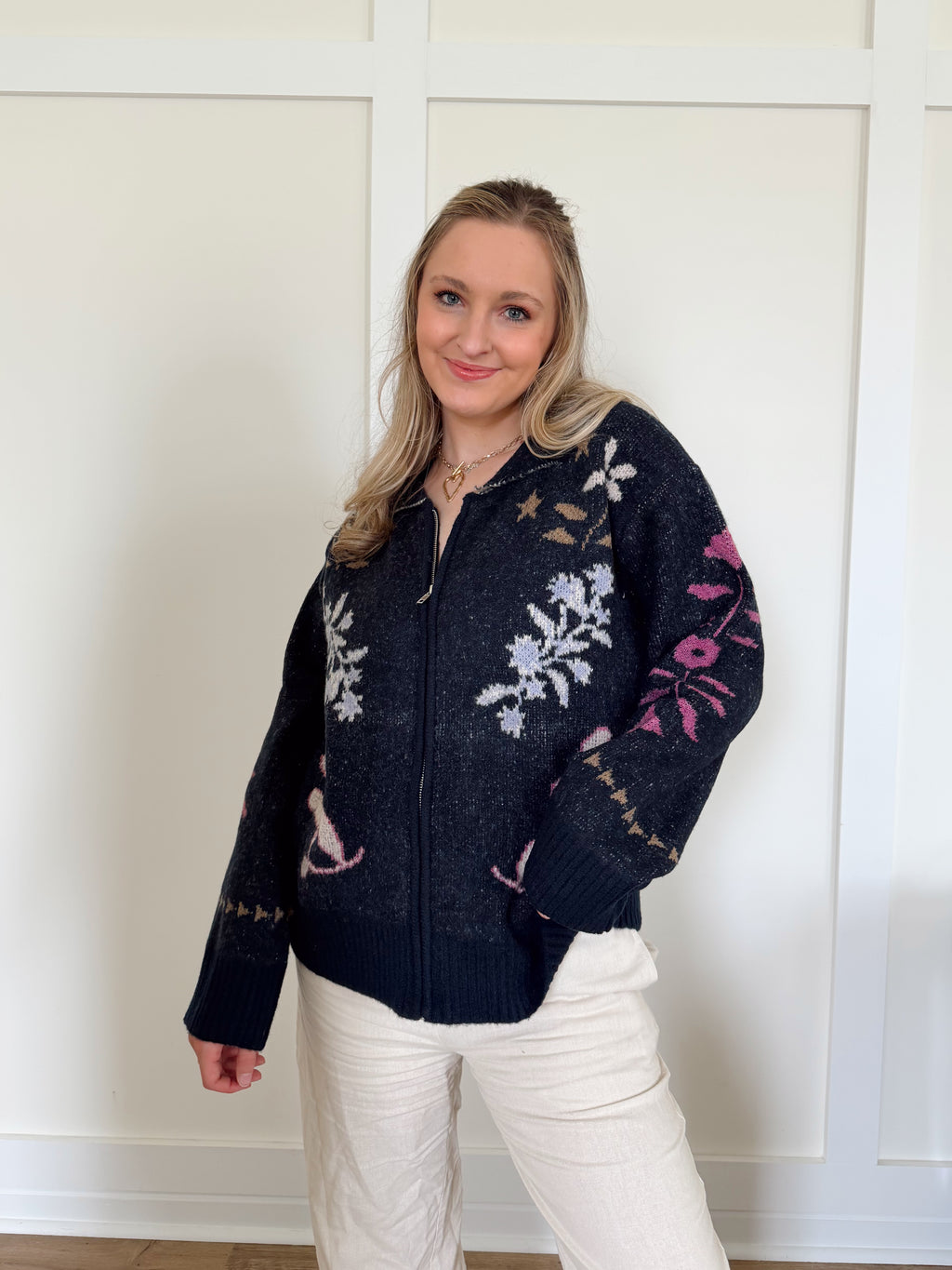 Margot Floral Zip Up Sweater