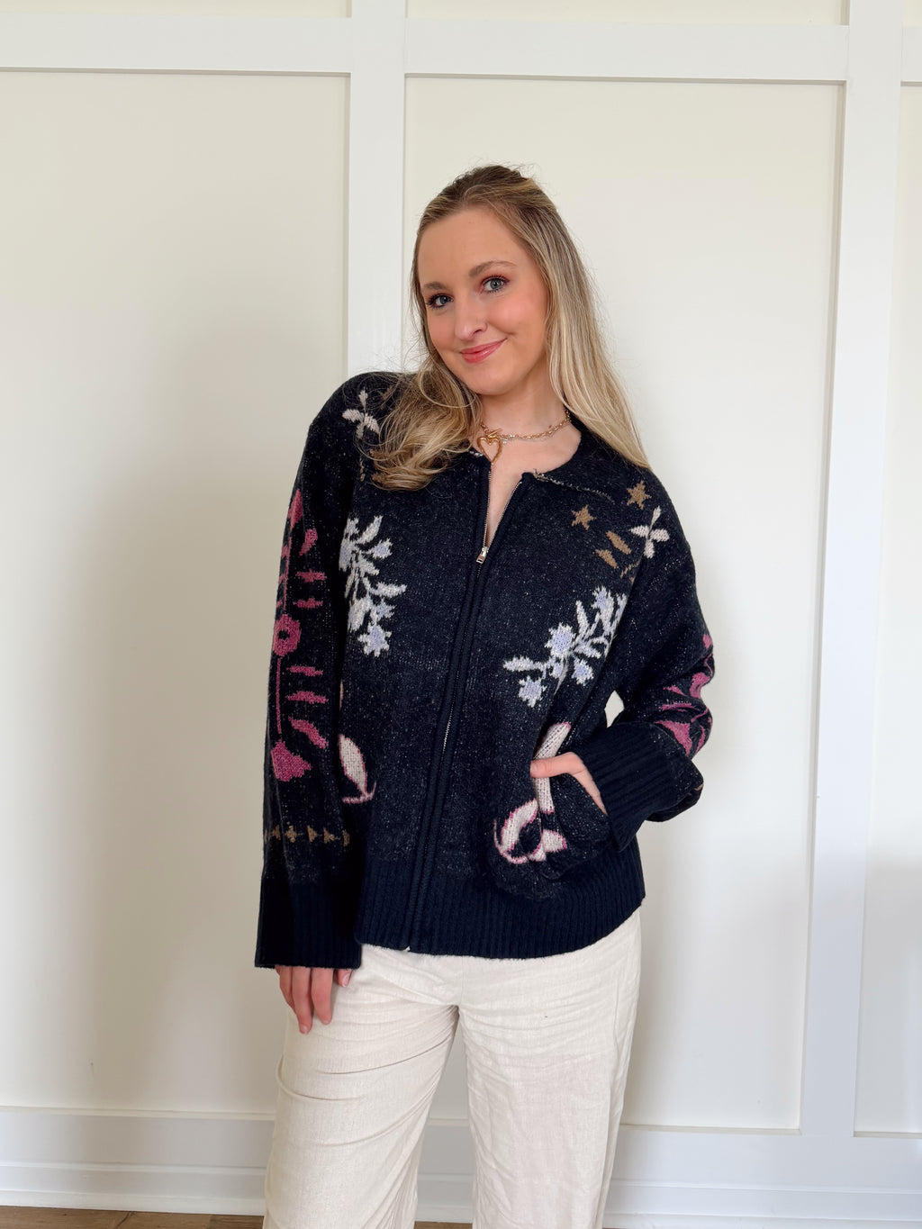 Margot Floral Zip Up Sweater